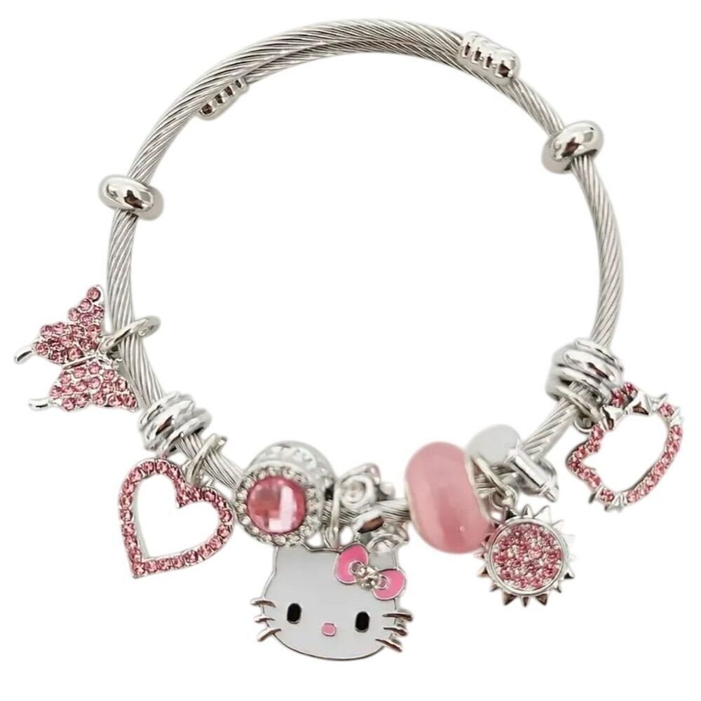 Sanrio Hello Kitty Pink Charm Bracelet Hearts & Butterflies Y2k Birthday Bling